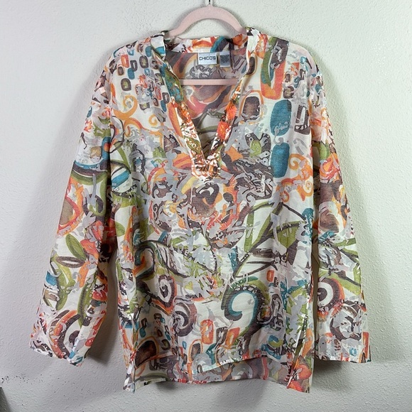 Chico's Tops - Chico’s Linen Blend Art Deco V-neck Top Tunic Size 1 US 8 / M